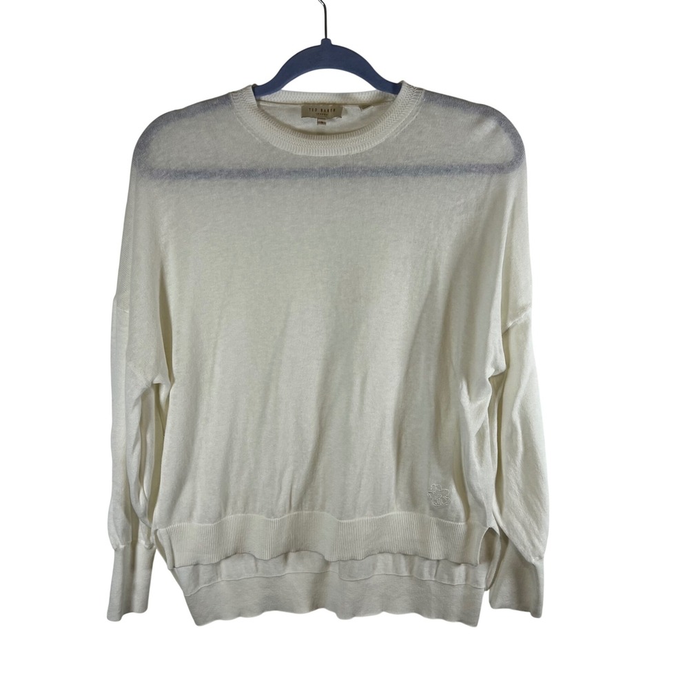 Ted Baker London Women White Lightweight Knit Crewneck Sweater Floral Logo 1/Med